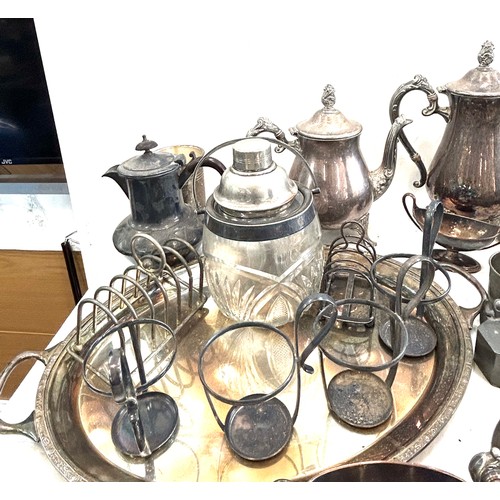 249 - Large selection of silver plated items to include tea pots, barrel, large tray, coasters etc