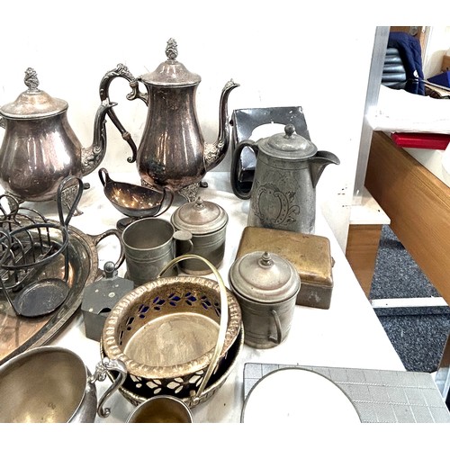 249 - Large selection of silver plated items to include tea pots, barrel, large tray, coasters etc