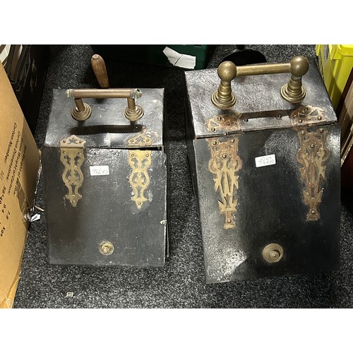 183 - Two vintage brass bound coal boxes with skuttles largest measures approx 17 inches tall