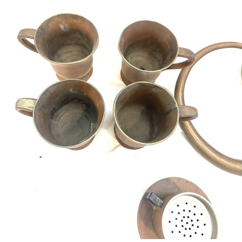 62 - Selection of vintage copper signed handled cups, a strainer and a brass horn