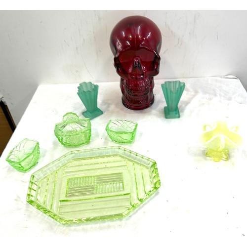 48 - Selection of vintage novelty coloured glassware to include Skeleton head, dressing table set etc