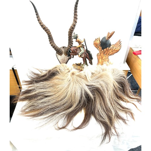 283 - Selection of vintage native American/viking items to include two figures, viking wig, wall horn hang... 