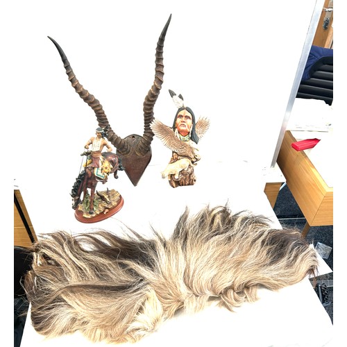 283 - Selection of vintage native American/viking items to include two figures, viking wig, wall horn hang... 