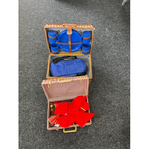 109 - 2 Wicker picnic baskets with contents includes Christmas decorations etc