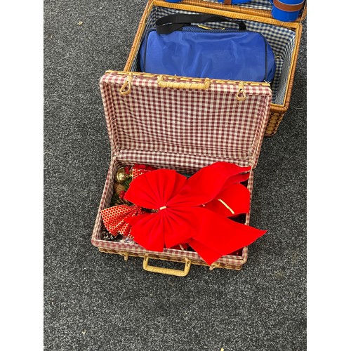 109 - 2 Wicker picnic baskets with contents includes Christmas decorations etc