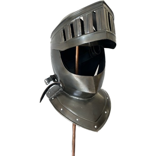 130 - Re-enactment knight helmet with display stand, approximate measurements of helmet Height 15 inches, ... 