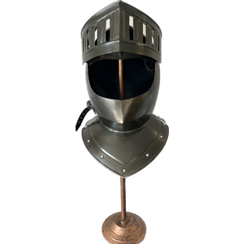 130 - Re-enactment knight helmet with display stand, approximate measurements of helmet Height 15 inches, ... 