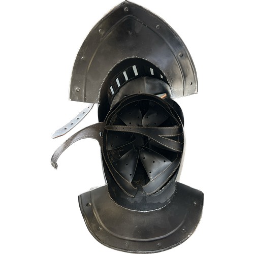 130 - Re-enactment knight helmet with display stand, approximate measurements of helmet Height 15 inches, ... 