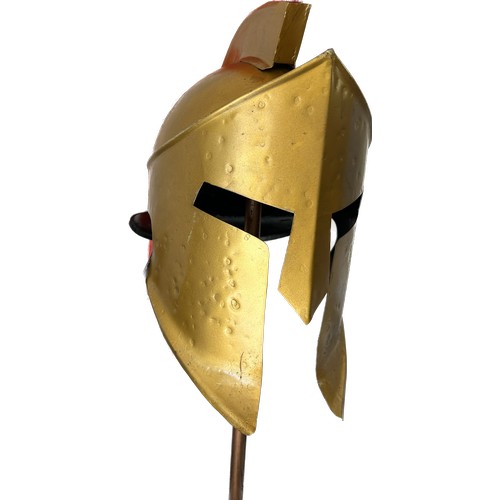 131 - Re-enactment Spartan helmet with display stand, approximate measurements of helmet Height 16 inches,... 