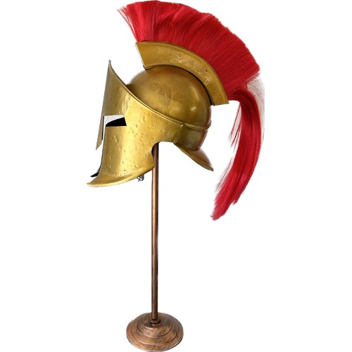 131 - Re-enactment Spartan helmet with display stand, approximate measurements of helmet Height 16 inches,... 