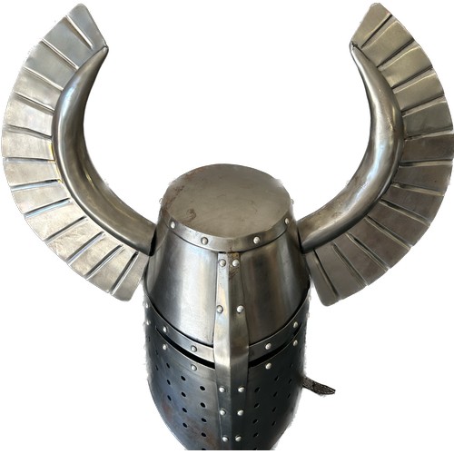 132 - Re-enactment knight helmet with display stand, approximate measurements of helmet Height 21.5 inches... 