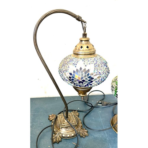 117 - Moroccan style table lamps, matching shades, in need of re-wiring, tallest measures approximately 16... 