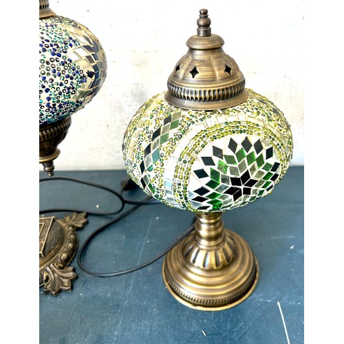 117 - Moroccan style table lamps, matching shades, in need of re-wiring, tallest measures approximately 16... 