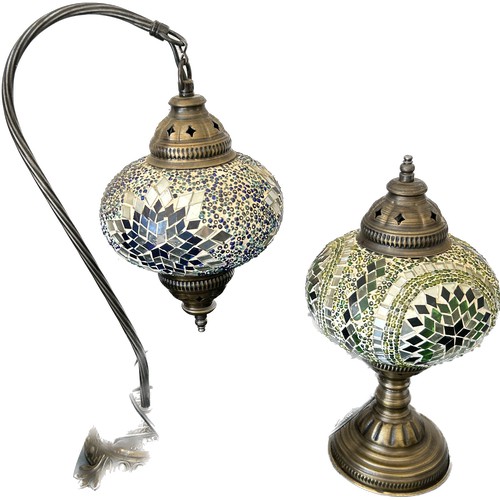 117 - Moroccan style table lamps, matching shades, in need of re-wiring, tallest measures approximately 16... 