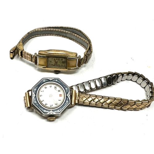 576 - 2 art deco ladies wristwatch gold plated 1 with enamel bezel