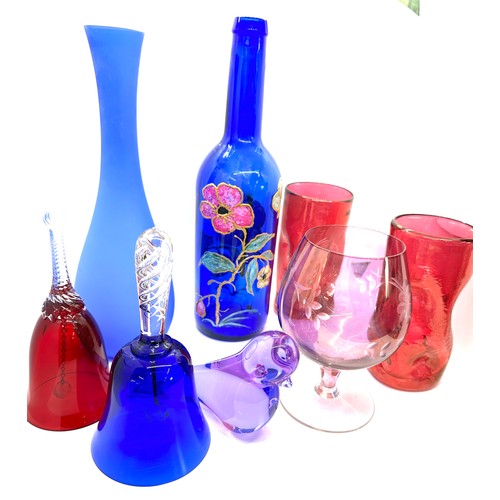 73 - Selection of coloured glassware to include vases, bells etc