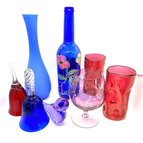 73 - Selection of coloured glassware to include vases, bells etc