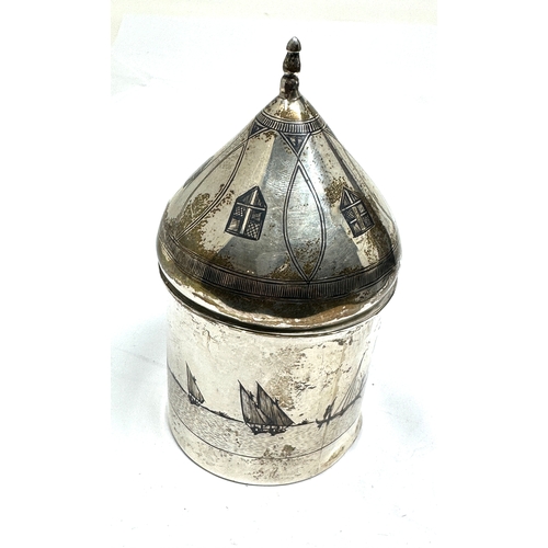 34 - Silver & niello lidded trinket pot measures height approx 11cm by 6cm dia