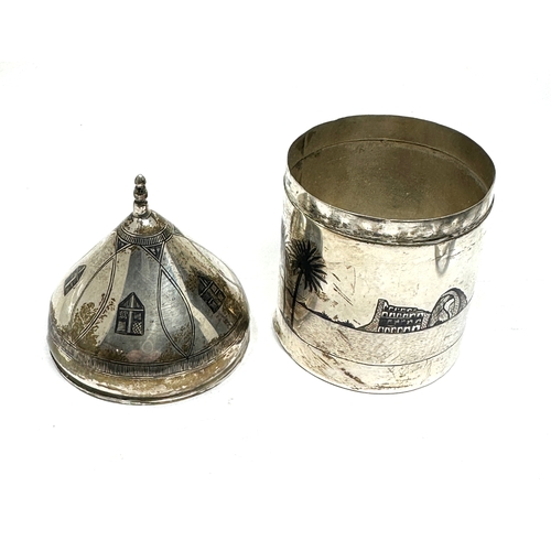 34 - Silver & niello lidded trinket pot measures height approx 11cm by 6cm dia