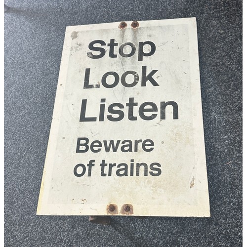 112A - Railway metal sign, Stop, Look Listen, Beware of trains, approximate measurements: Height 24 inches,... 