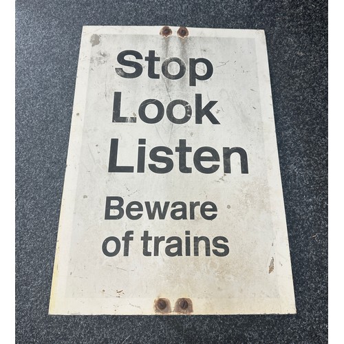 112A - Railway metal sign, Stop, Look Listen, Beware of trains, approximate measurements: Height 24 inches,... 