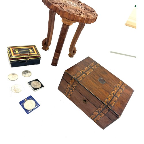 56 - Selection of collectable items includes inlaid wooden stools, mirror, mincer etc