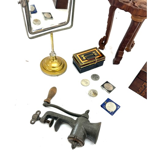 56 - Selection of collectable items includes inlaid wooden stools, mirror, mincer etc