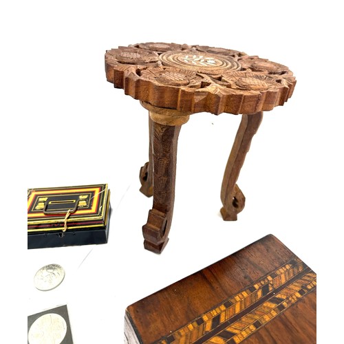 56 - Selection of collectable items includes inlaid wooden stools, mirror, mincer etc