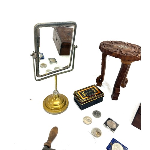 56 - Selection of collectable items includes inlaid wooden stools, mirror, mincer etc