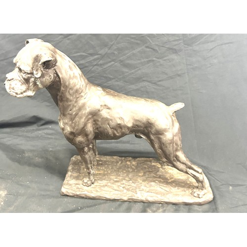 77 - Signed resin dog figure of a Boxer measures approx 11 inches tall by 11 inches wide- signed W.Timyia