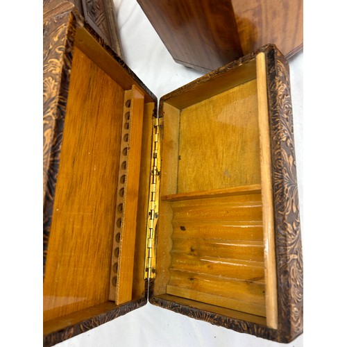 72 - Selection of vintage boxes to include a teak tea caddy and a cigarette box and jewellery boxes