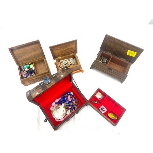 67 - Selection of four wooden boxes and contents include vintage and later costume jewellery