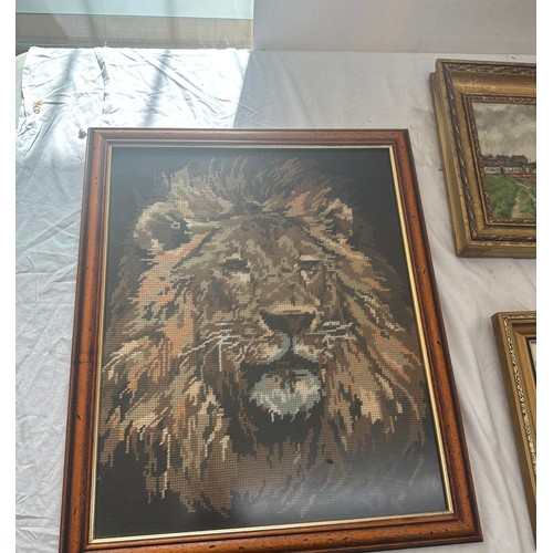 8 - Selection of vintage framed paintings, prints and an embroidery some signed largest measures approx ... 