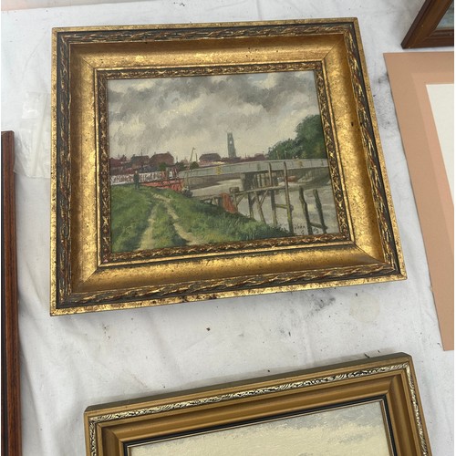 8 - Selection of vintage framed paintings, prints and an embroidery some signed largest measures approx ... 