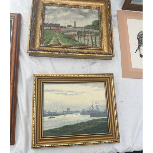 8 - Selection of vintage framed paintings, prints and an embroidery some signed largest measures approx ... 