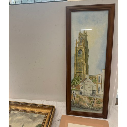 8 - Selection of vintage framed paintings, prints and an embroidery some signed largest measures approx ... 