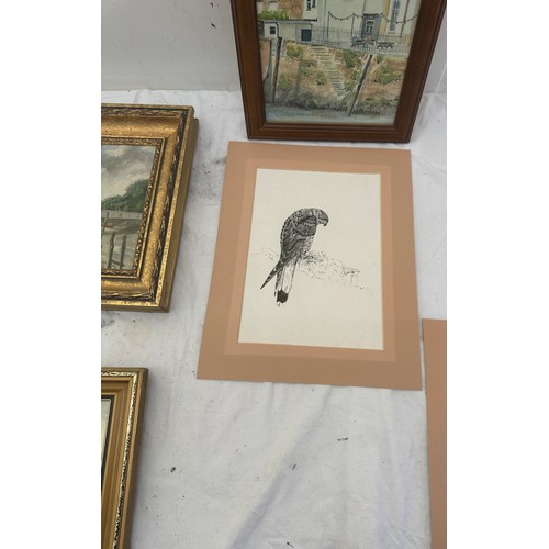 8 - Selection of vintage framed paintings, prints and an embroidery some signed largest measures approx ... 