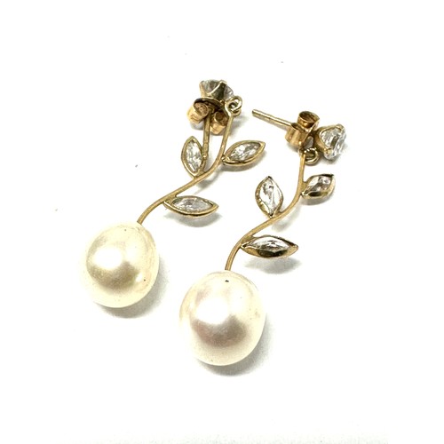 87 - 9ct Gold Pearl & Clear Gemstone Floral Drop Earrings (2.4g)