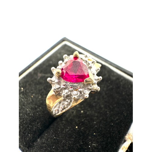 82 - 9ct Gold Synthetic Ruby Heart & Diamond Cluster Ring (2.3g)