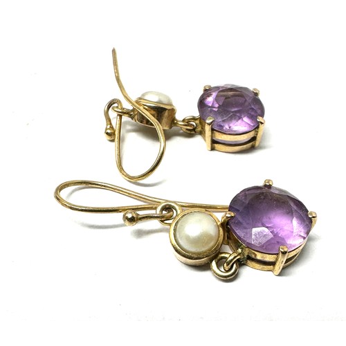 44 - 9ct Gold Amethyst & Cultured Pearl Drop Earrings (3.6g)