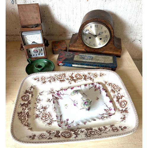 281 - Selection of collectables to include a Tunstall meat plate, PO meter, 2 keyhole mantel clock with ke... 