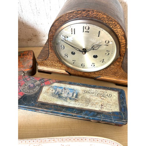 281 - Selection of collectables to include a Tunstall meat plate, PO meter, 2 keyhole mantel clock with ke... 