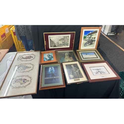 268 - Large selection of assorted pictures and prints, includes Air craft, embroidery etc, largest measure... 