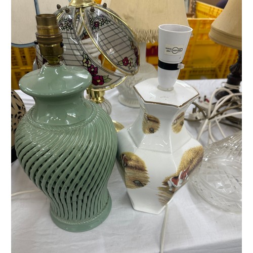 240 - Large selection of vintage and later lamps and shades includes glass, pottery, brass etc