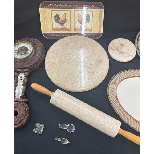 164 - Selection of collectable items includes barometer, rolling pin, Denby trays etc