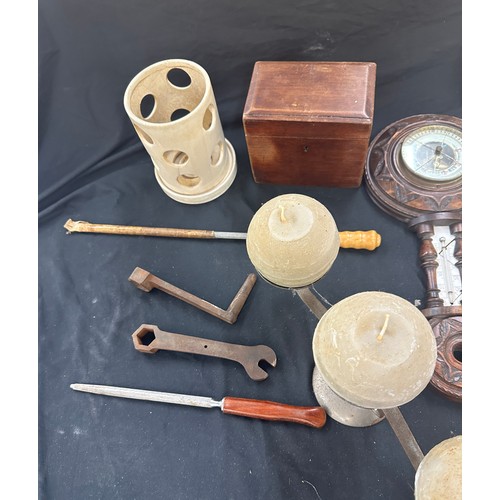 164 - Selection of collectable items includes barometer, rolling pin, Denby trays etc