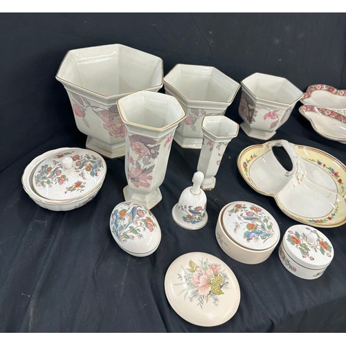 166 - Large selection of assorted pottery includes Wedgwood, vases, trinkets etc