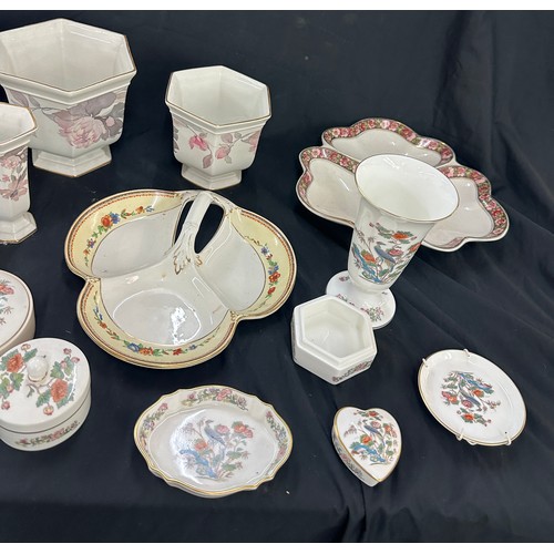 166 - Large selection of assorted pottery includes Wedgwood, vases, trinkets etc