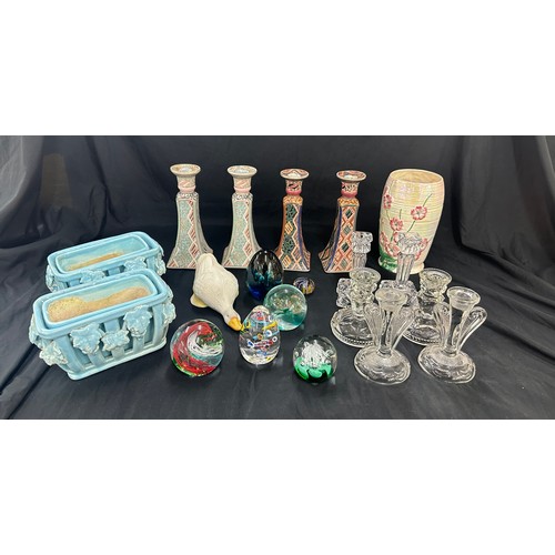 169 - Selection of miscellaneous to include candle sticks, Malin vase, glass paper weights, pottery etc