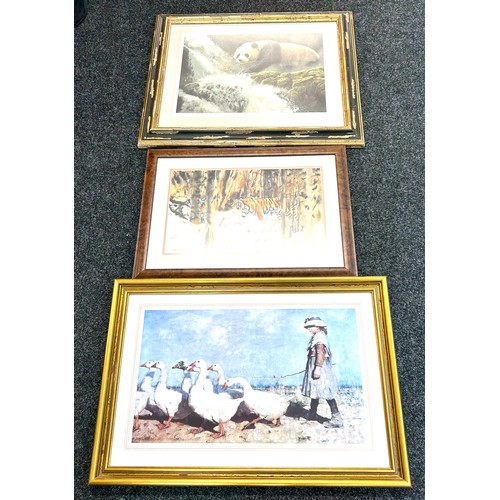 153 - Three large framed animal pictures and prints, signed, largest measures approximately 32 inches wide... 